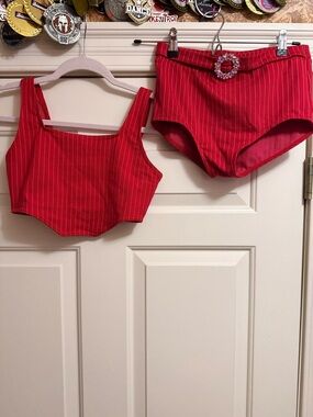 Weissman Red Pinstripe Bikini Top and High-Waist Brief Set